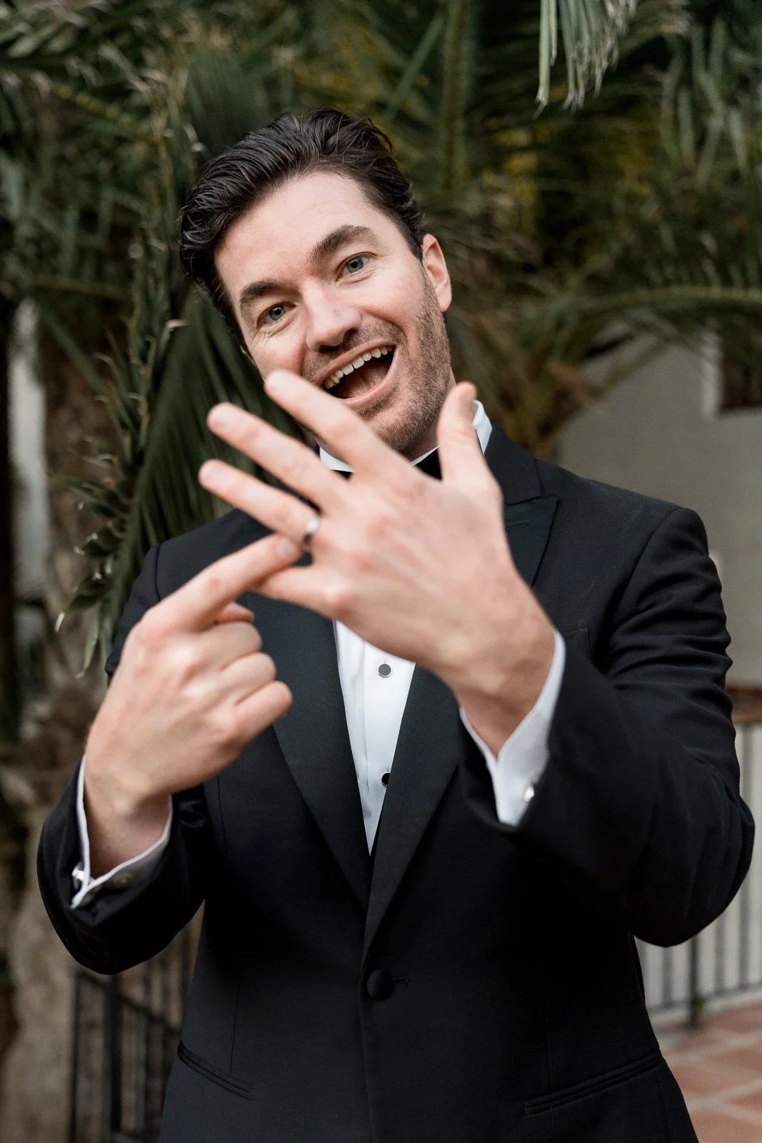 www.santabarbarawedding.com | Events by Fran | Eli Suzuki-Gill | Santa Barbara Courthouse | Blue Blossoms | Just 4 Fun Party Rentals | Party Proper | Groom Showing Off Ring