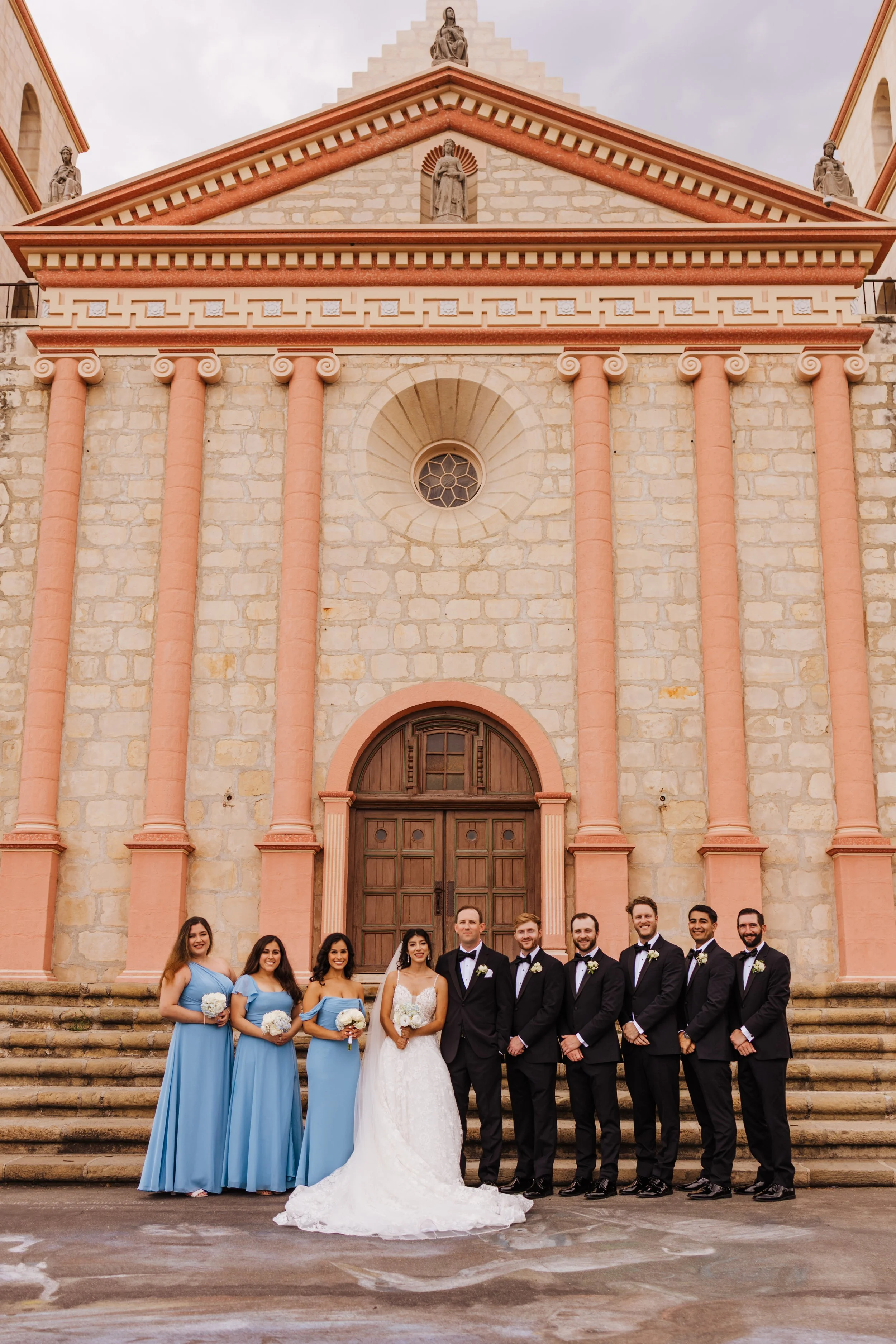 www.santabarbarawedding.com | Allie Dearie | Lucky Penny Events | Old Mission Santa Barbara | Bridal Party in Front of Church