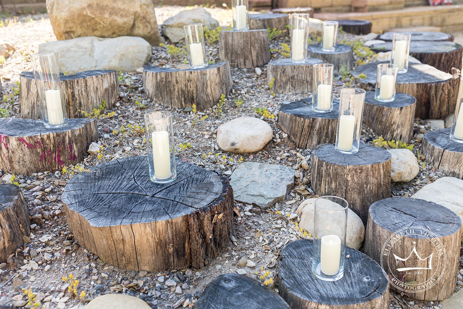 www.santabarbarawedding.com | Live Oak Unitarian | Elizabeth Victoria | Emily Hart-Roberts |&nbsp;I Love You Maddly Weddings &amp; Events | A Pretty Little Posie | Candles Set Up Outside