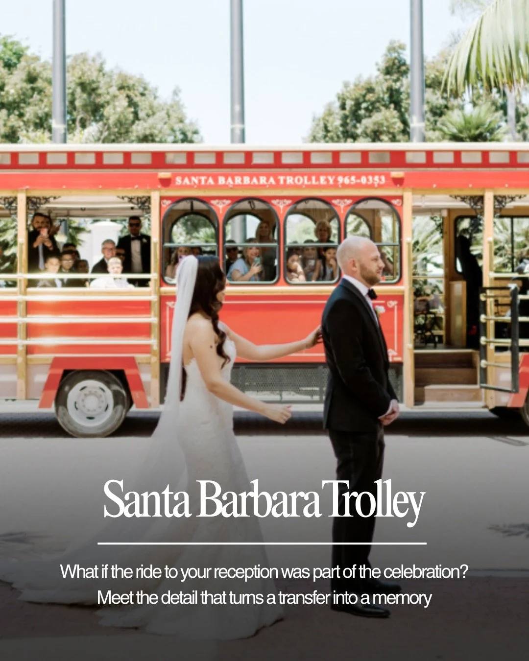 Sometimes the most magical moments happen between the ceremony and the reception. 🚃✨

This joyful wedding party riding the iconic Santa Barbara Trolley from their church ceremony at Our Lady of Mount Carmel to their stunning reception is exactly the