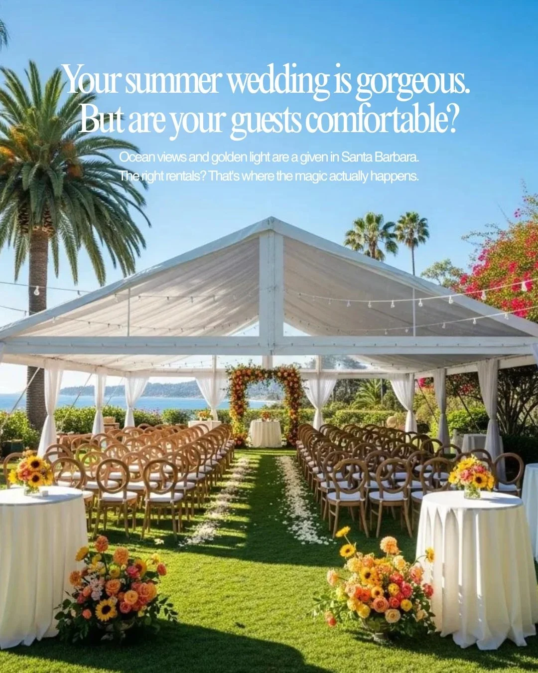 Santa Barbara summers are stunning. But a beautiful venue only gets you so far.

The couples who pull off a seamless outdoor wedding?

They think about shade, airflow, seating, and lighting just as much as florals and vows.

Swipe through for the ren