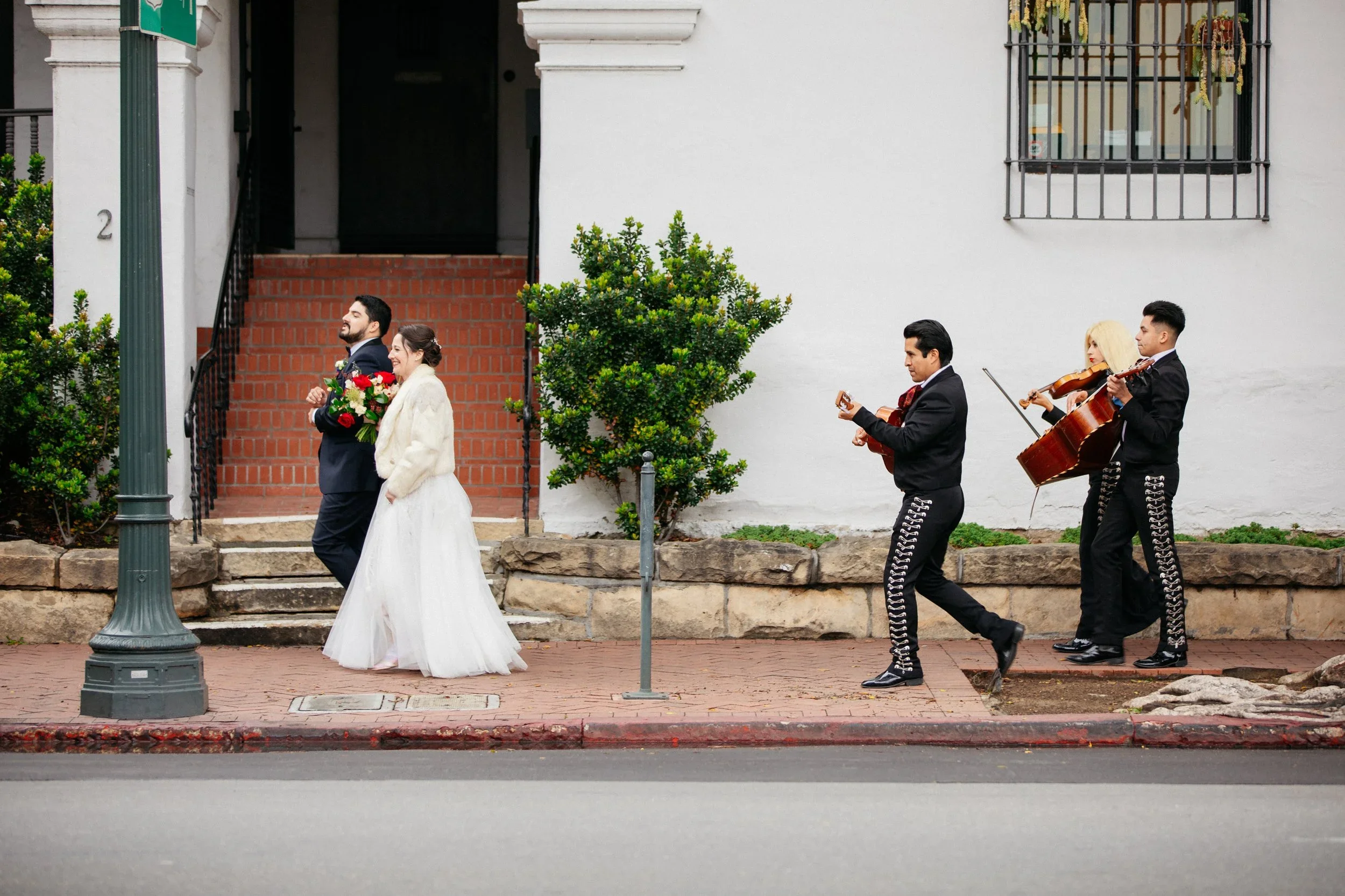 www.santabarbarawedding.com | Lerina Winter | Santa Barbara Courthouse | Margaret Joan Floral | Mariachi Reyes USA | Live Mariachi Band Following Bride and Groom