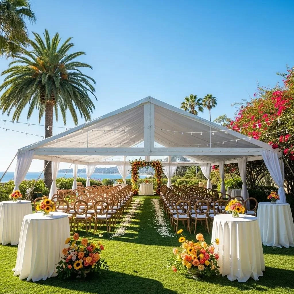 Draped tent from Ventura Rentals with ocean in background