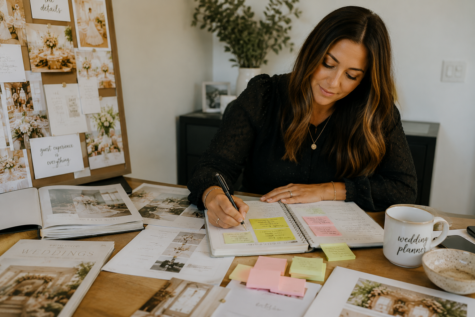 Wedding planner writing down notes in journal