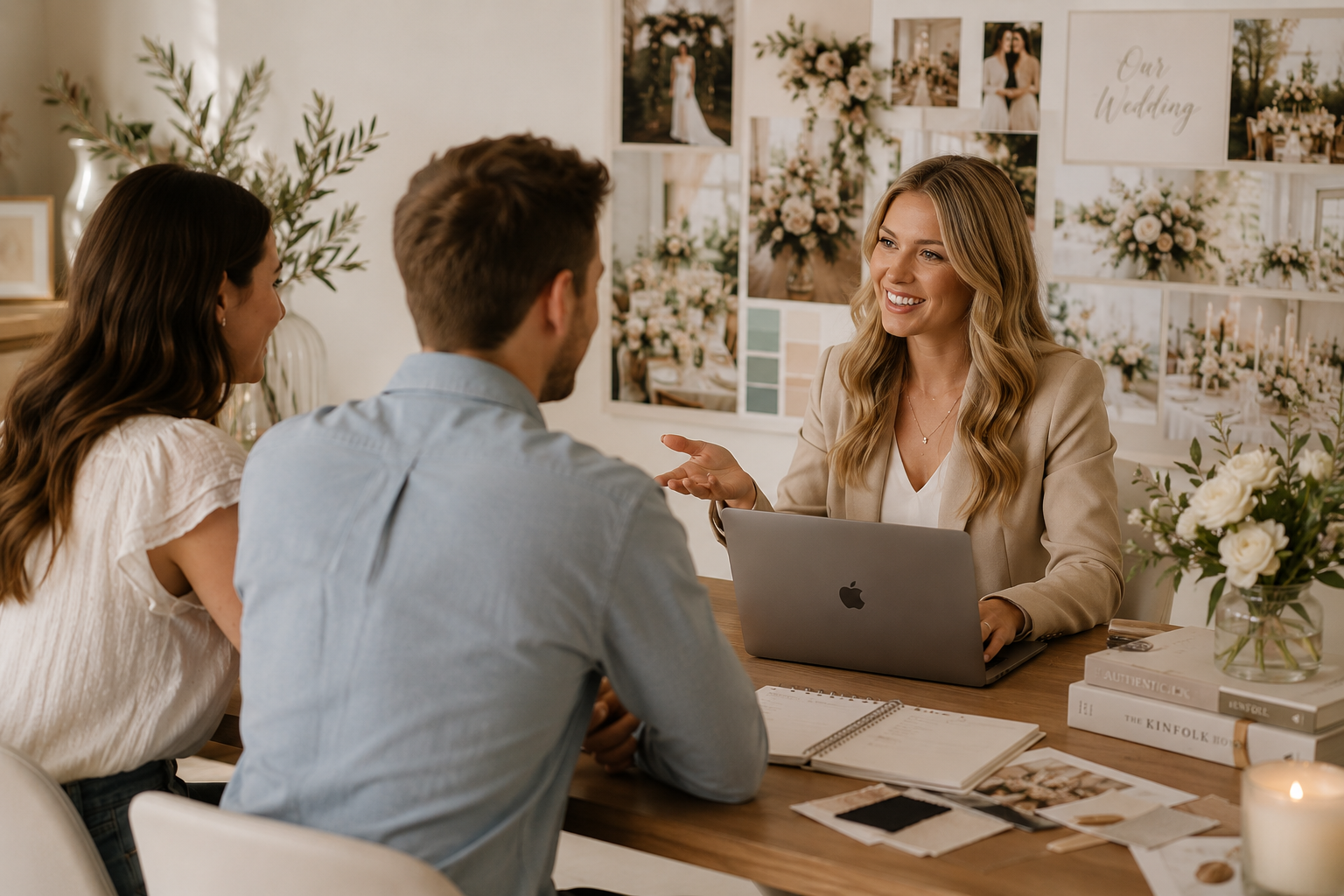 wedding planner talking to couple across the table