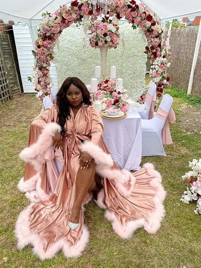 Bride in long pink Hollywood robe