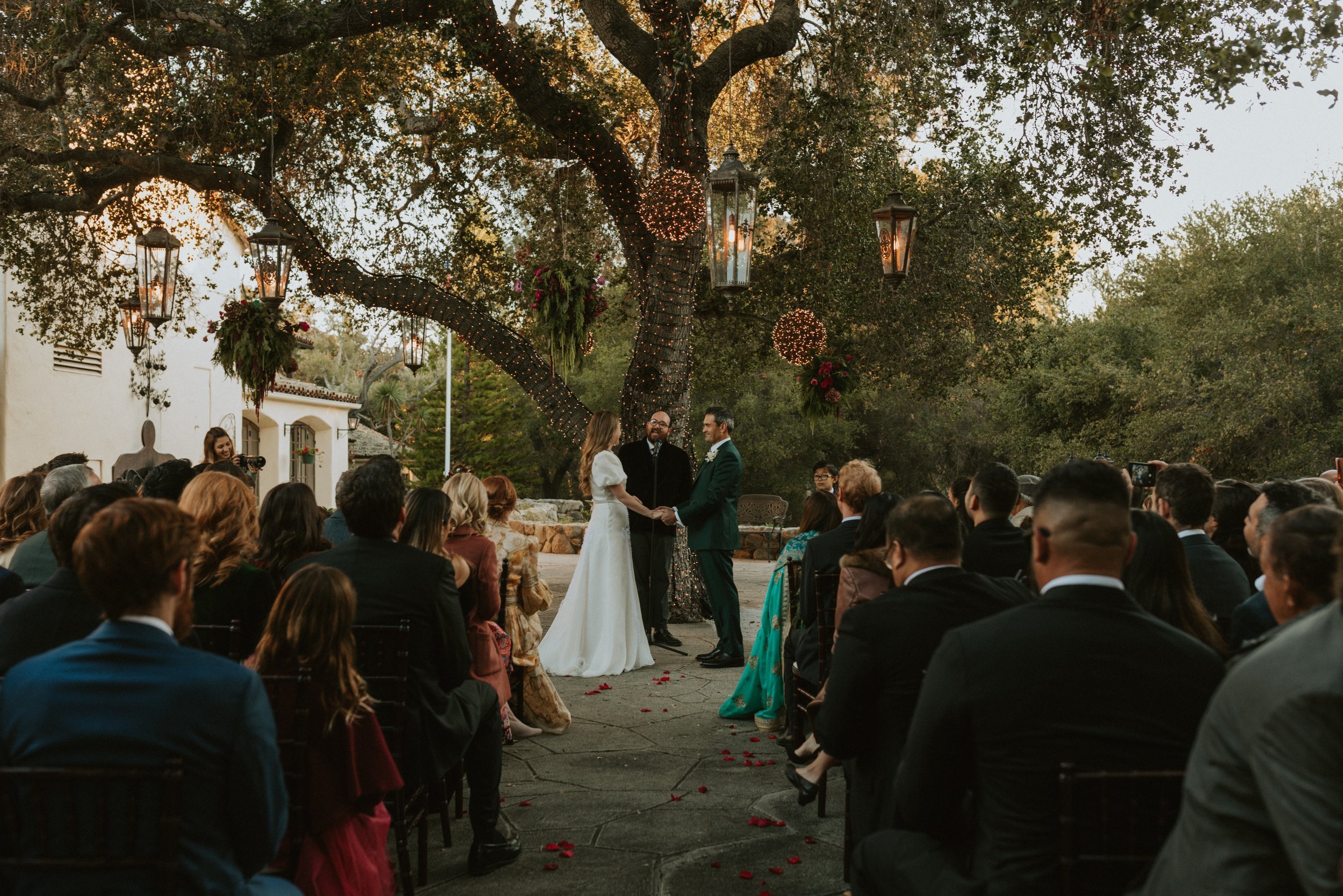 Couple's outdoor wedding ceremony under tall oak tree