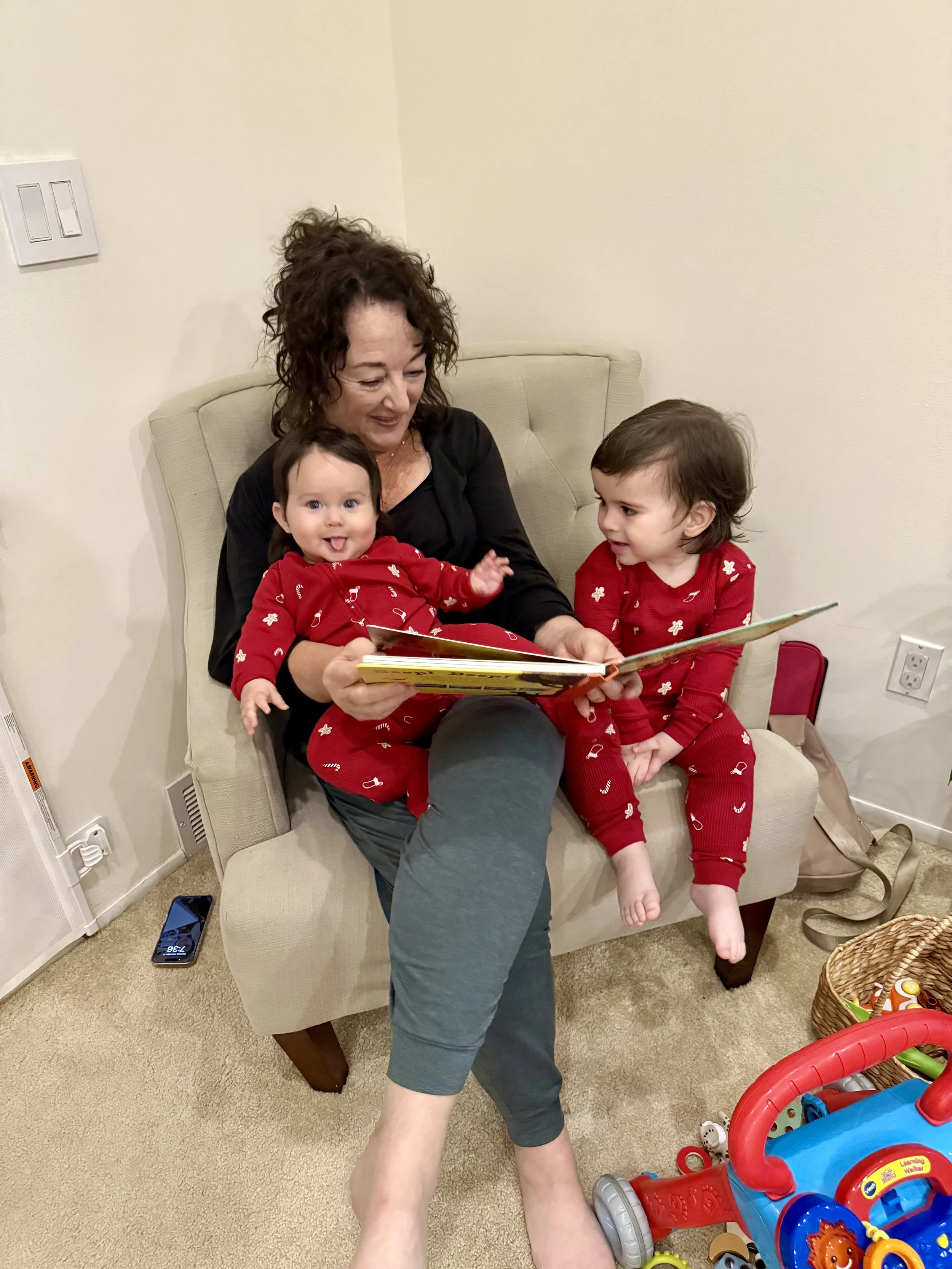 Woman sitting in chair reading to children.