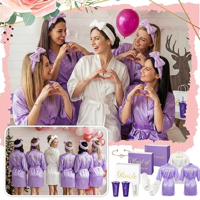 Bride and bridesmaids in matching purple wedding day sets