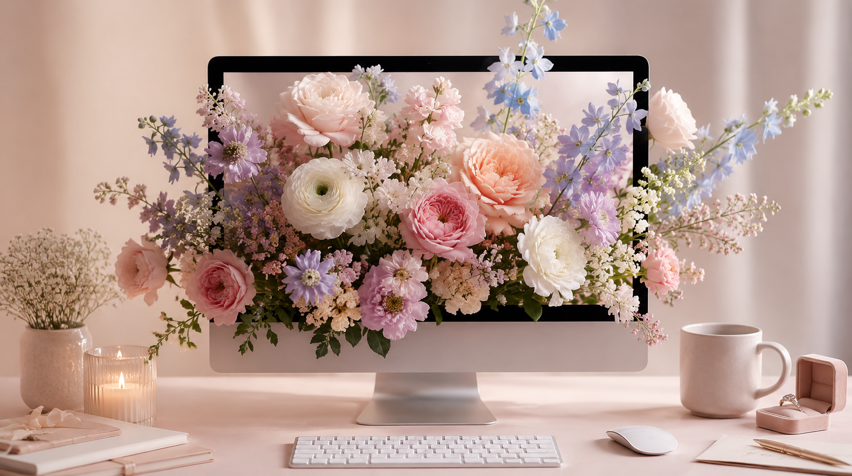 Bouquet of colorful flowers coming out of computer screen