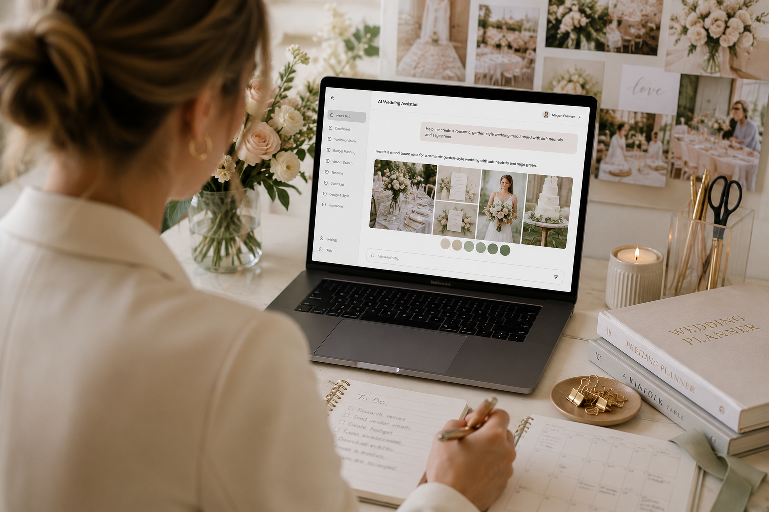 Computer using AI assistant from over shoulder of wedding vendor