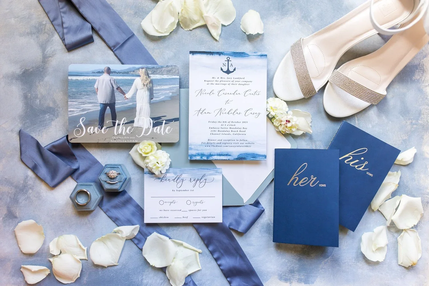 Nautical and blue theme wedding invitation suite and accessories