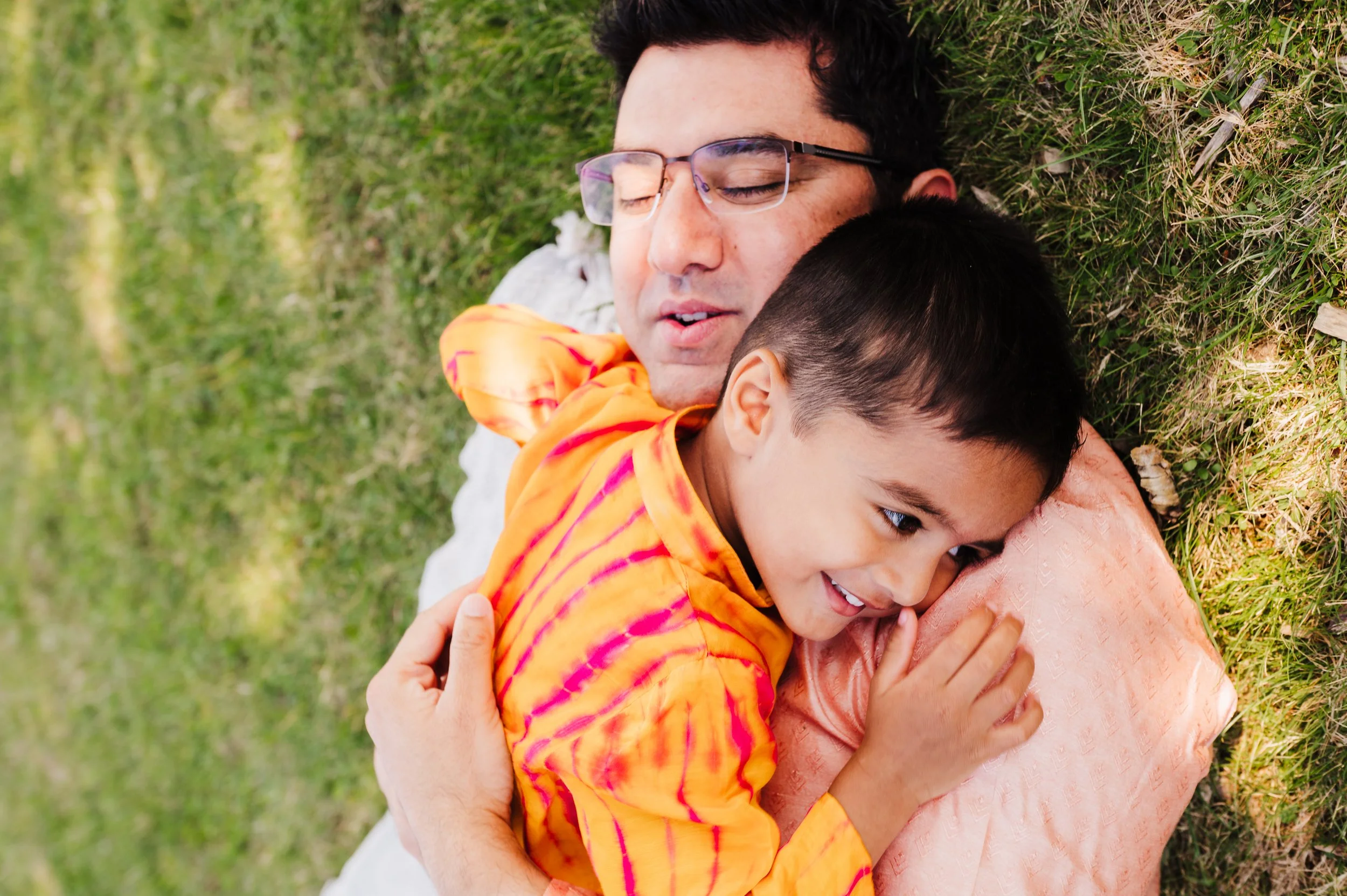 Dad and son hug in Seattle park 