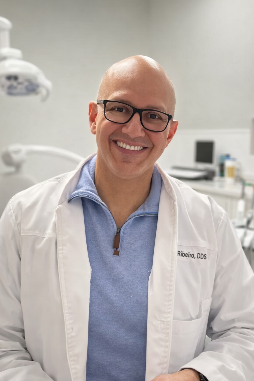 Smiling man in glasses and white lab coat in dental clinic