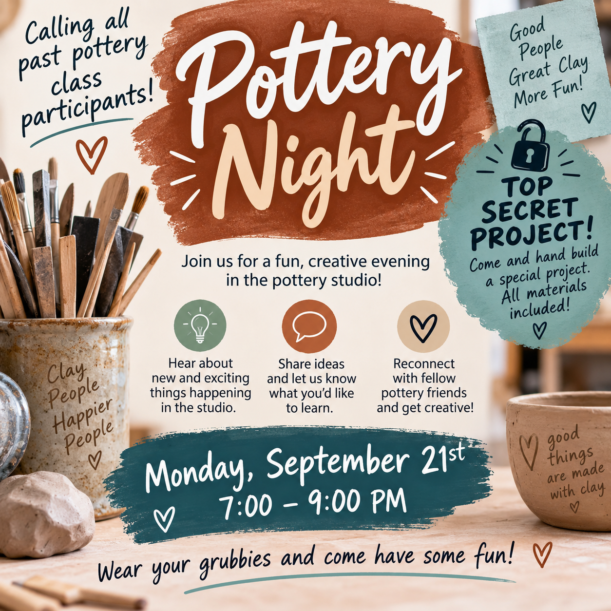 Welcome Back to Pottery - Mon, Sept 21, 7-9 pm