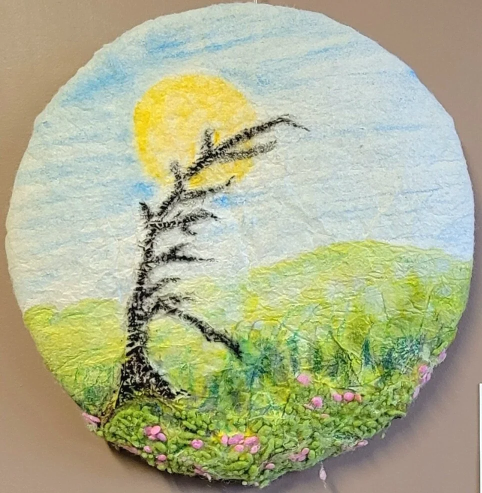 Dead Tree & Flowers, Rhonda Warren, Paper Felt/Mixed Media My two circular pieces represent a new direction in my feltmaking. I recently took an online course where I learned to incorporate kozo paper with wool fibres to create paperfelt. Not only d