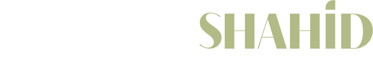 The words "SHAHTAJ" and "SHAHID" written in a stylized font with the former in white and the latter in olive green.