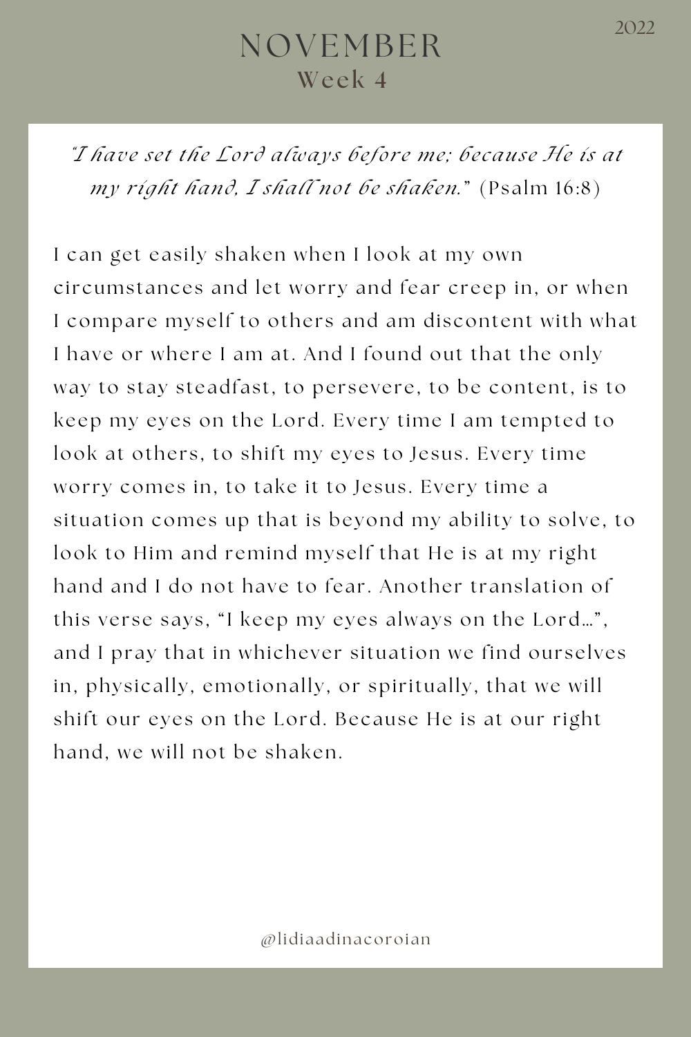 Eyes on the Lord Devotion on Psalm 16:8 Bible verse — Lidia Adina Coroian