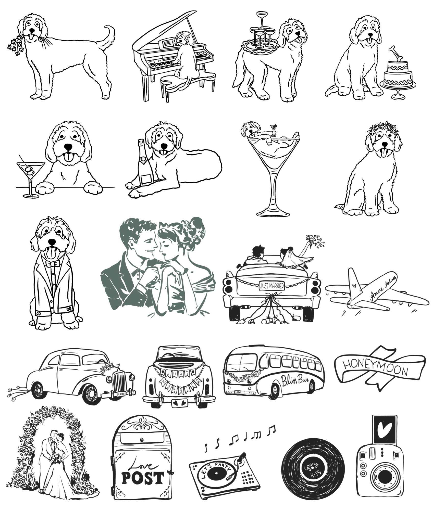 Collection of illustrations depicting dogs with party and travel themes, including wedding, honeymoon, and vacation scenes, as well as dog-themed accessories like a love post box, record, and camera.