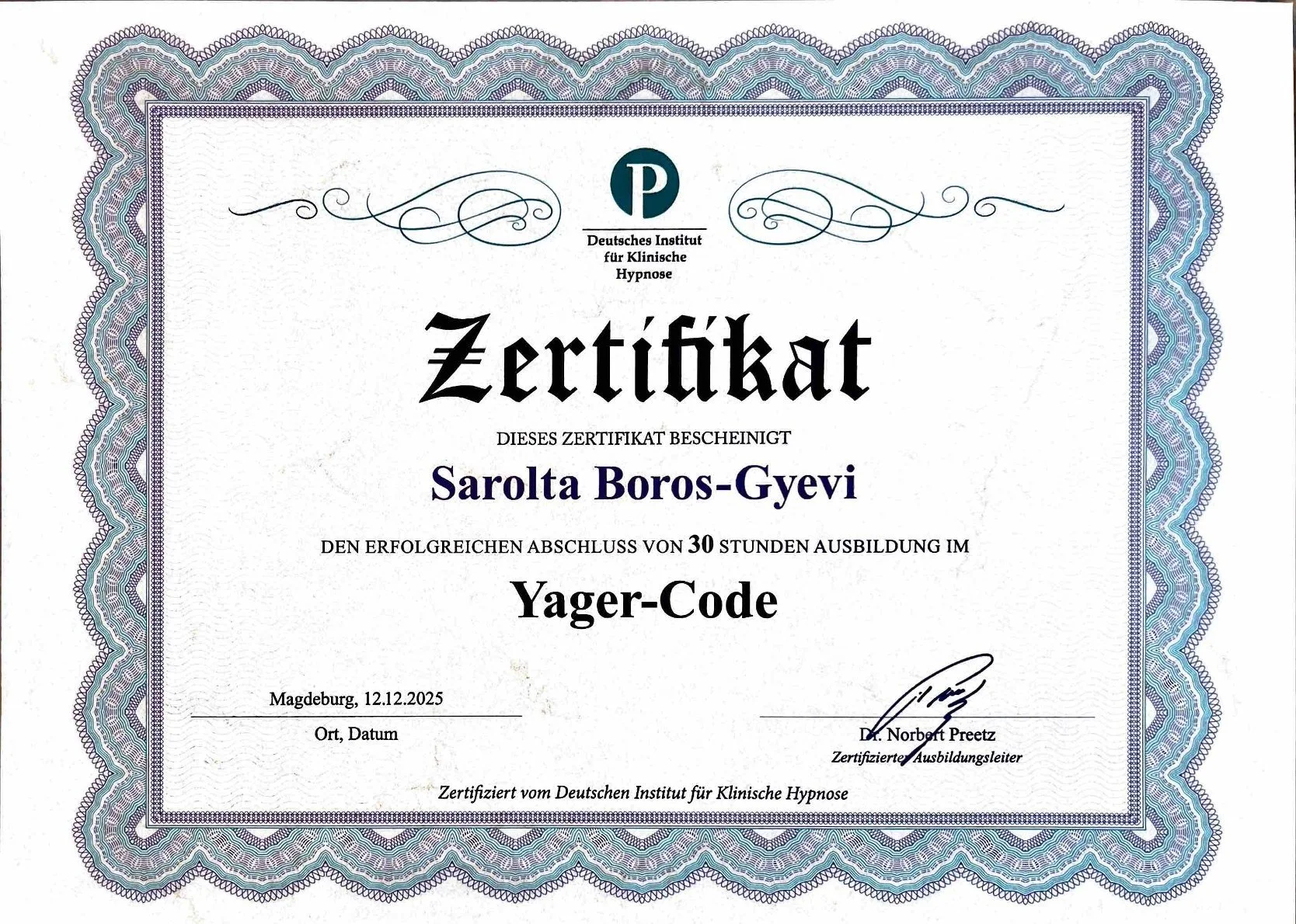 Zertifikat Yager Code