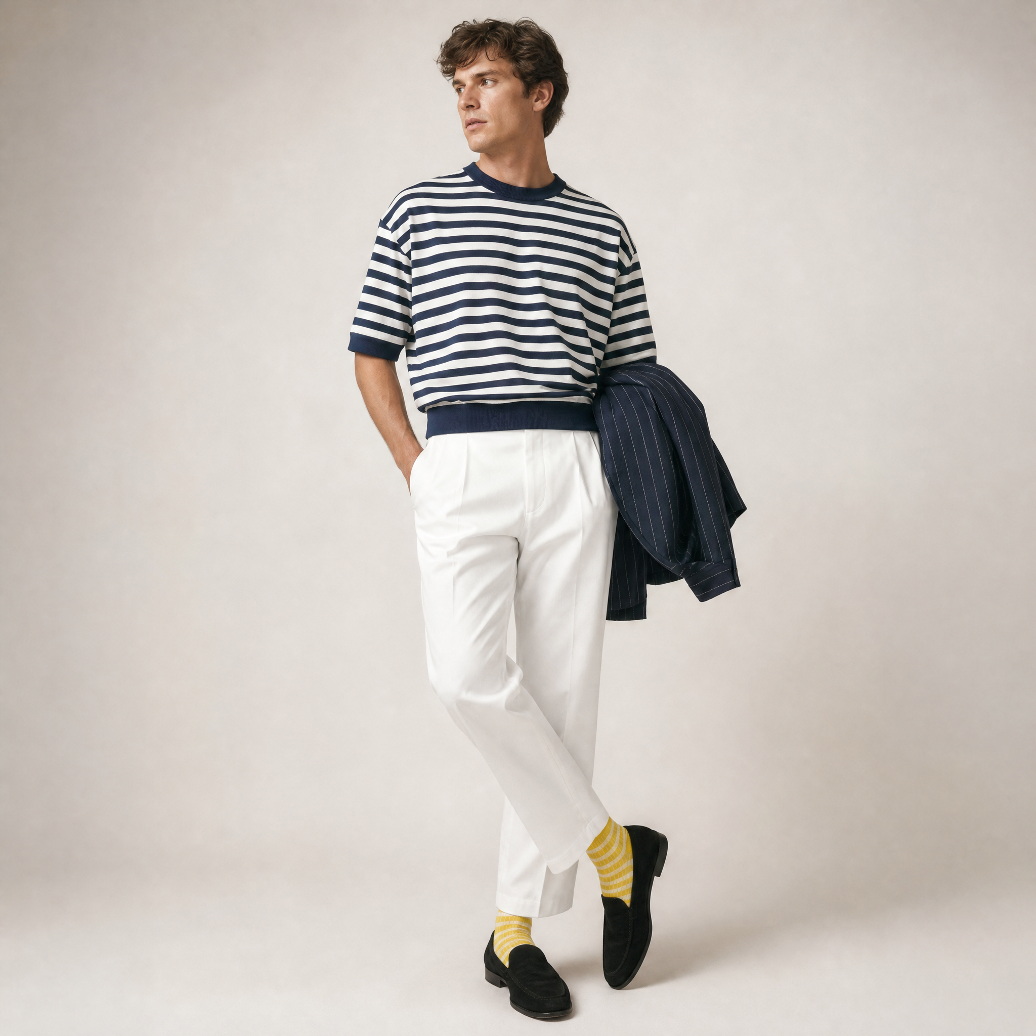 Generated with Kive.ai - Striped cotton t-shirt usa questo look_ cambia modello togli occhiali e loghi e metti queste calze da uomo in cotone a righe e coste gialleYellow patterned socks.png