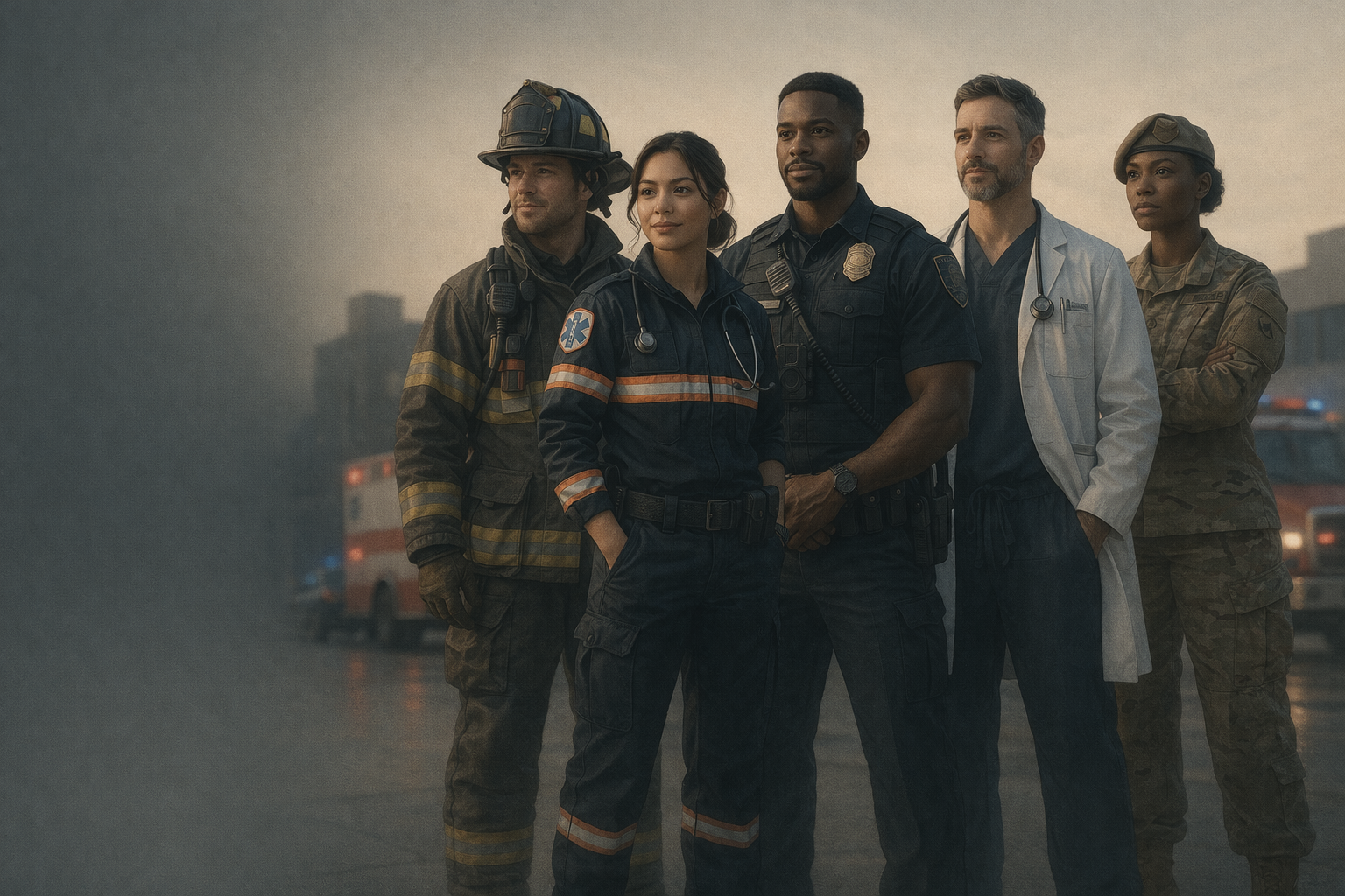 Group of emergency responders including firefighter, paramedics, police officer, doctor, and military personnel standing together outdoors during sunset.