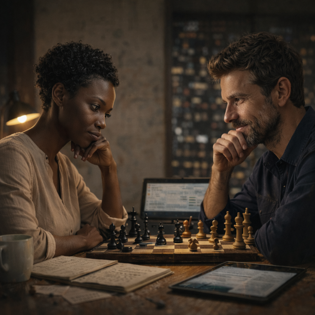 Two people playing chess at a wooden table in a cozy, dimly lit room, with a laptop, a tablet, and notes on the table.