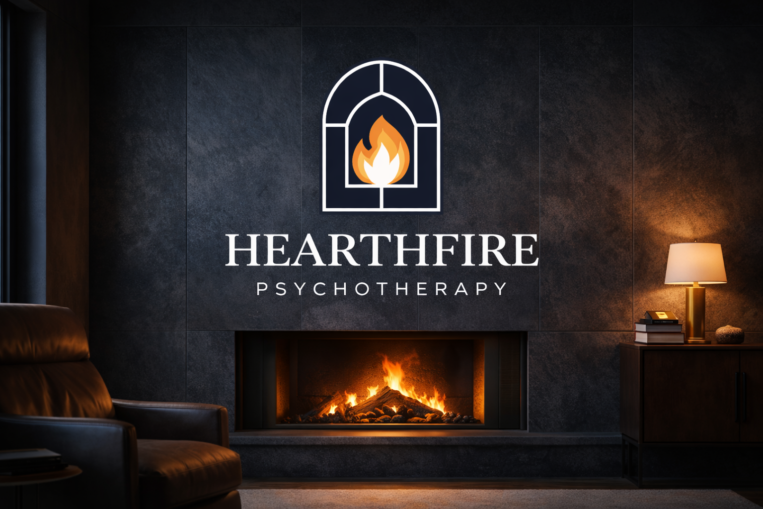 Indoor scene with a dark stone fireplace, a lit fire inside, and a wall sign that reads 'HEARTHFIRE PSYCHOTHERAPY' with a flame logo above. There is a leather armchair on the left and a side table with a lamp, books, and a decorative item on the right.