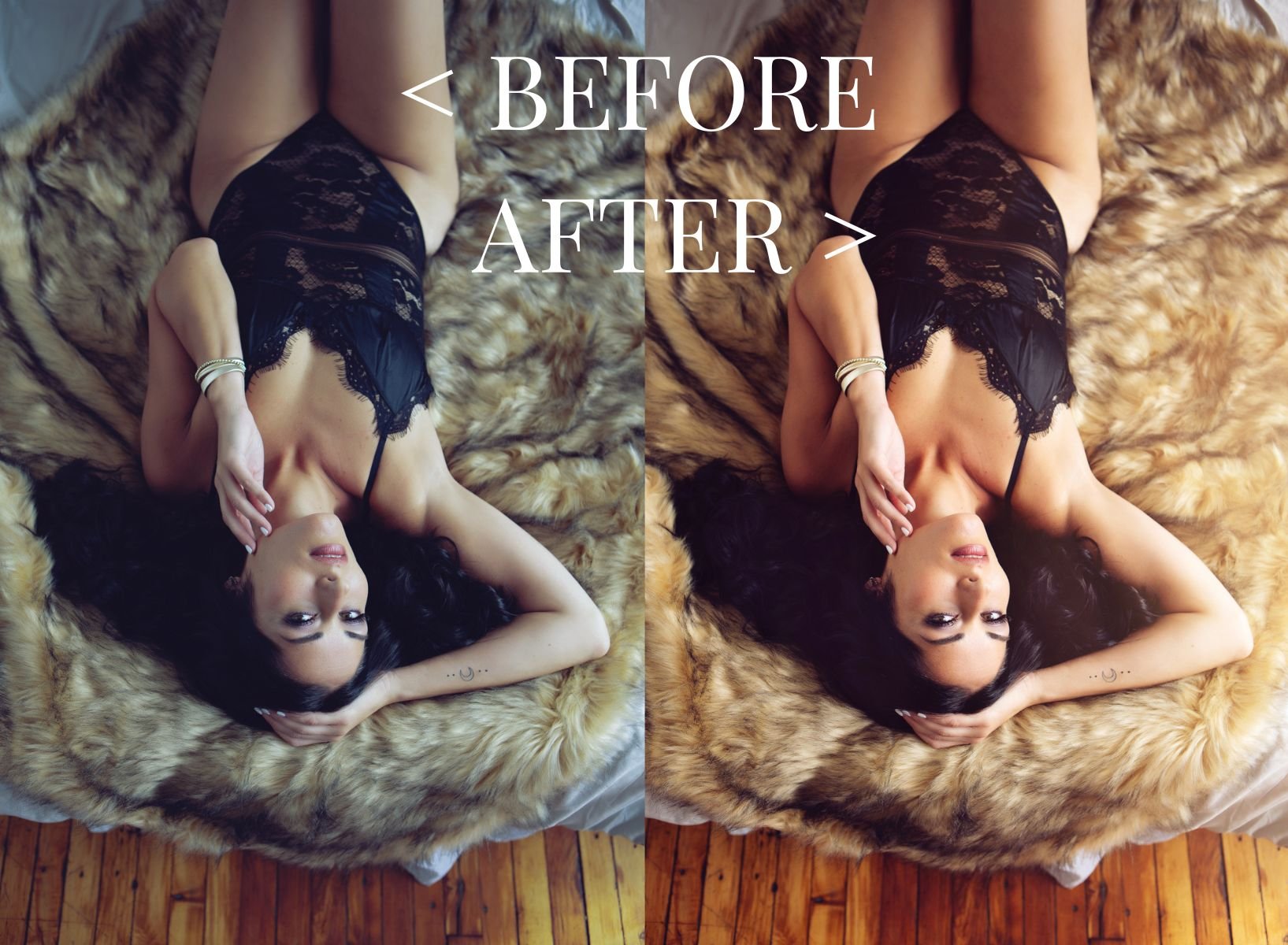 BEFORE AND AFTER EDITING LUXURY BOUDOIR PHOTOSHOOT