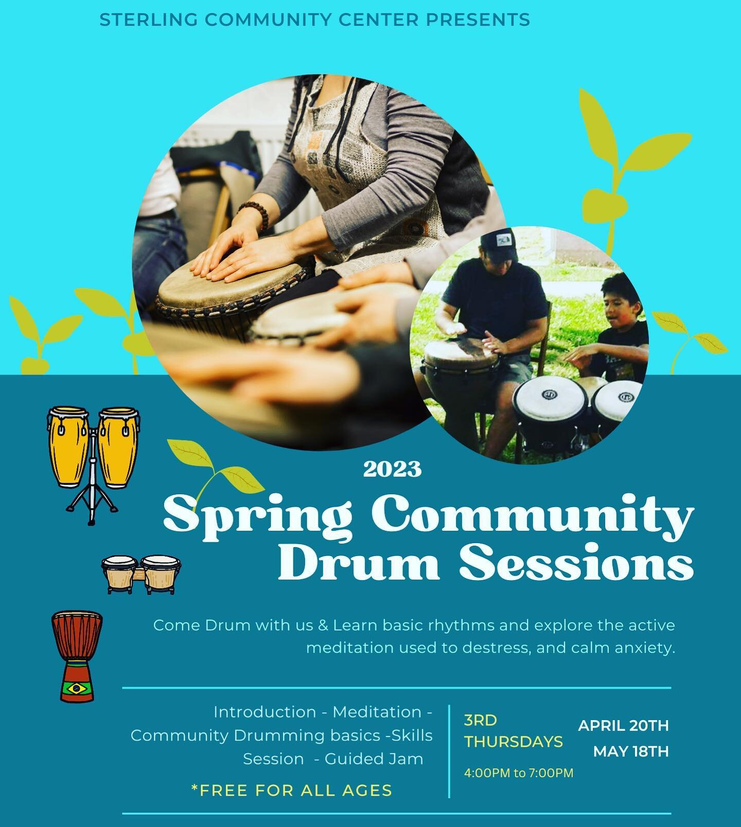 Hello wonderful community! Now is your chance to try 2 days of drumming. We will be at the @sterlingcommunitycenter with our drums for a 3 hour jamming session. The two events at the community center are *FREE* and all ages are welcome. 

 (We recomm