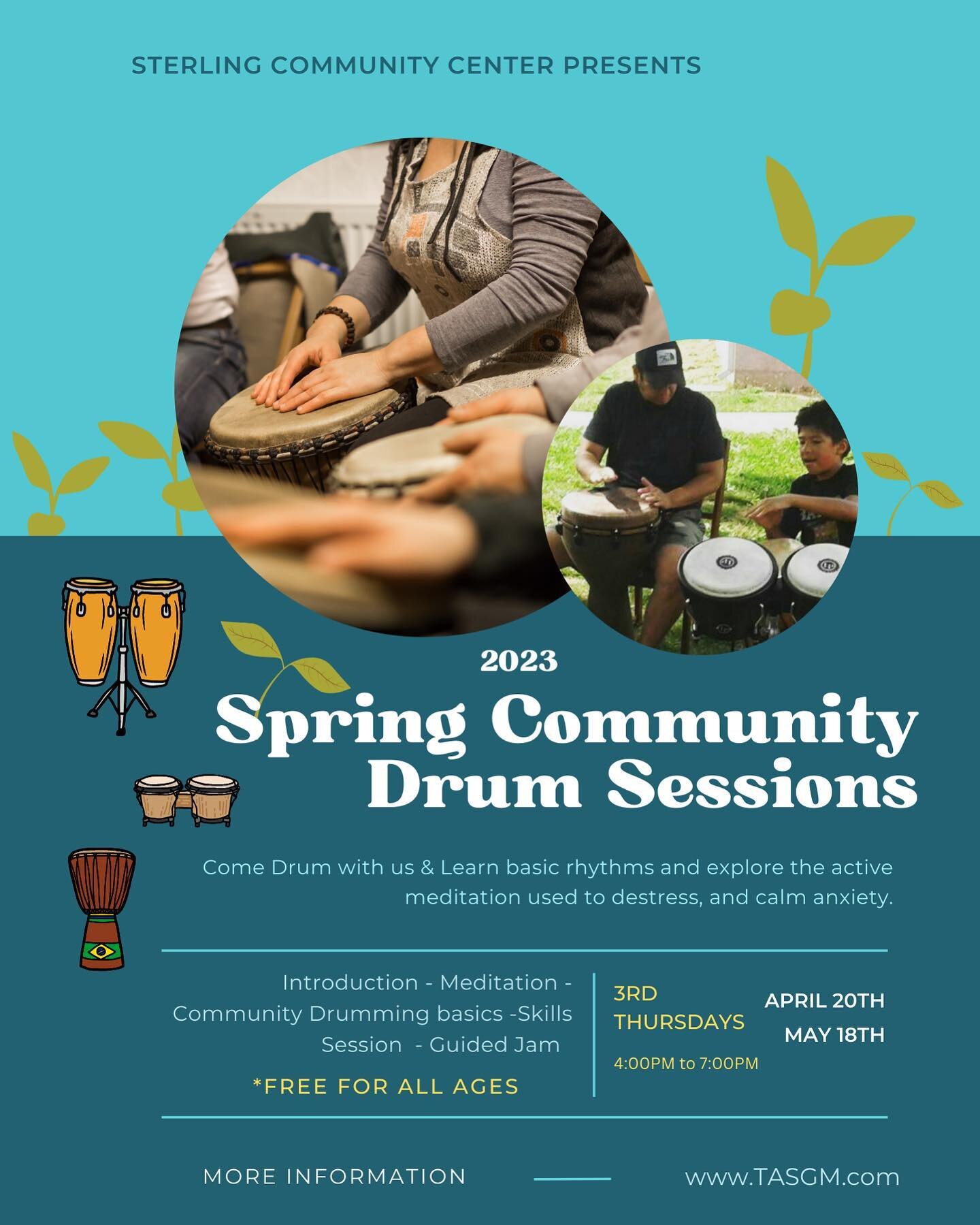 Hello wonderful community! Now is your chance to try the last days of drumming. We will be at the @sterlingcommunitycenter with our drums for a 3 hour jamming session. The event at the community center is *FREE* and all ages are welcome. 

 (We recom