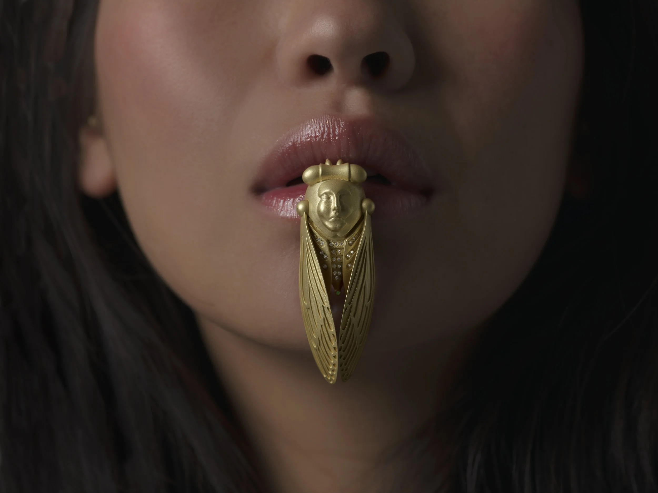 Authorne cicada pendant on model — on-model jewelry editorial photography by Little Wolf Collective
