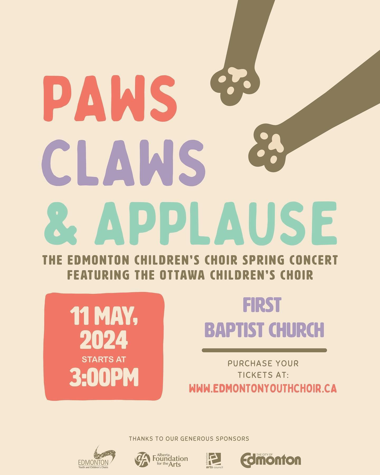 👏🐾PAWS, CLAWS, AND APPLAUSE 🐾👏 Announcing our Spring concert where we get to sing about all things animals!

Join us on Saturday, May 11th with our Angeli, Luminaria, Spiritus, and Harmonia choirs - as well as our special guests, the Edmonton You