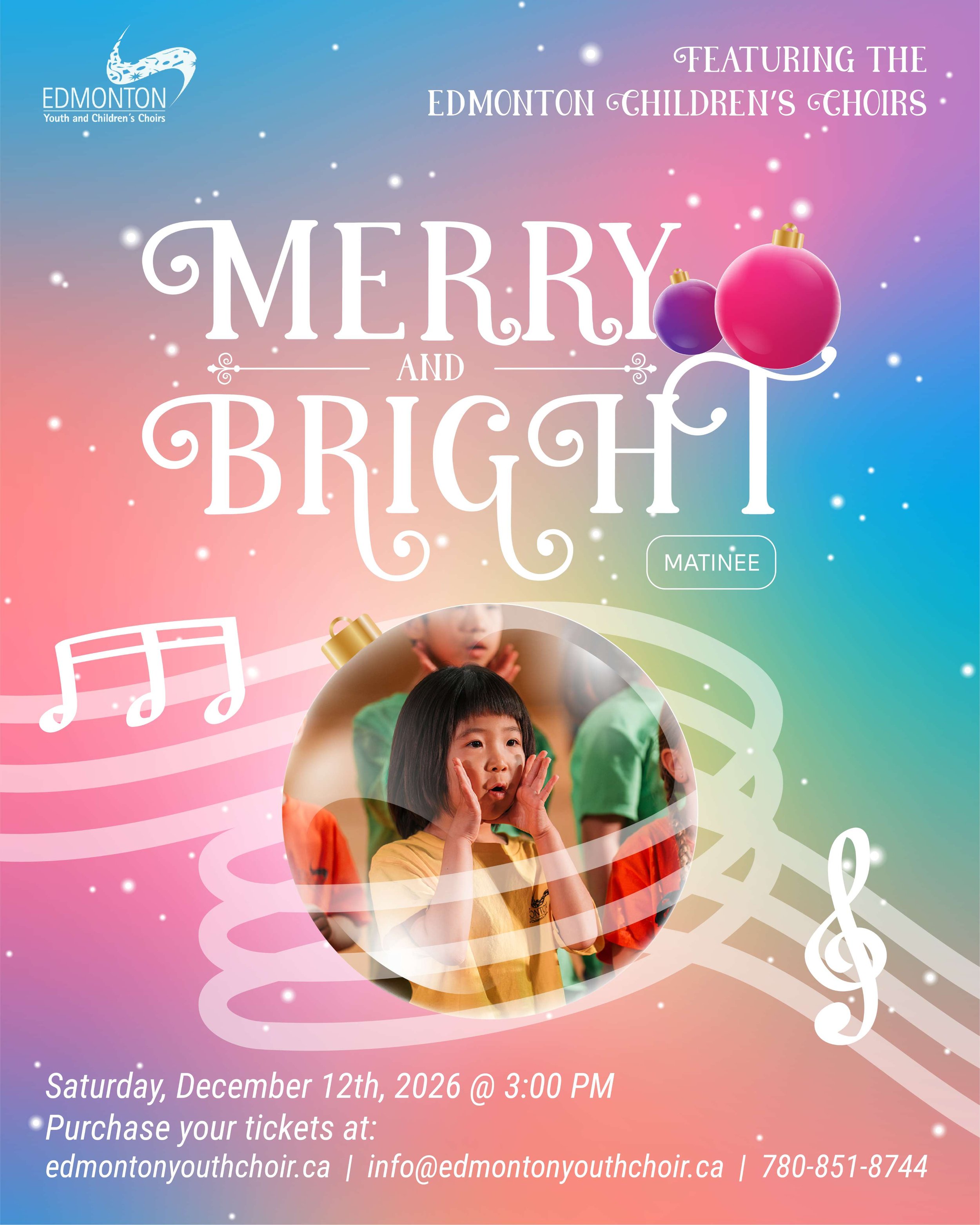 Poster of the Edmonton Children's Choirs Merry and Bright christmas concert with bright blue and pink swirls
