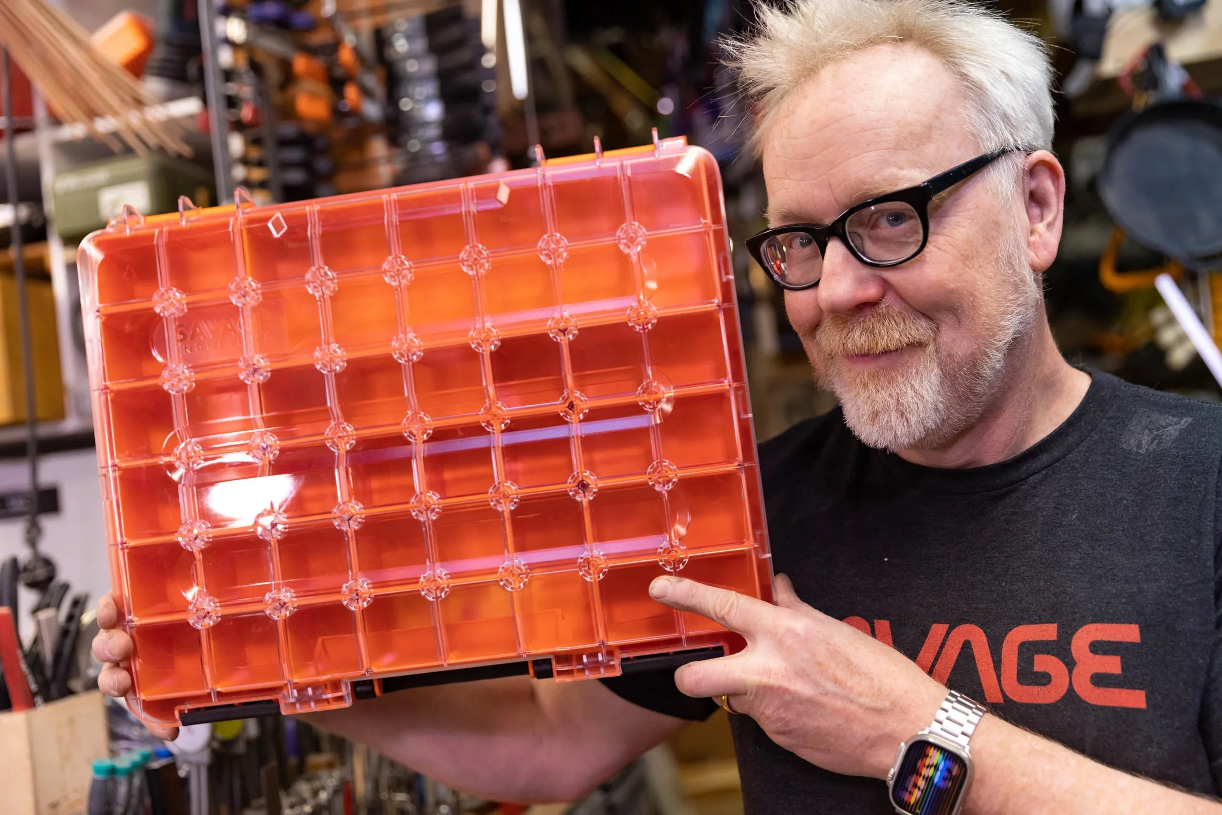 Adam Savage holding a Savage Industries Sortimo T-BOXX