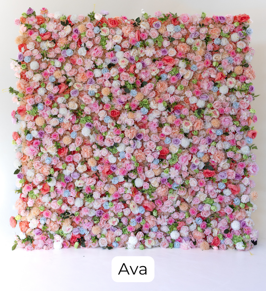 A playful combination of pastel roses in shades of pink, peach, lavender, and ivory for a bright, whimsical style. The soft color variations give this wall a dreamy, cheerful feel that works beautifully for joyful celebrations.