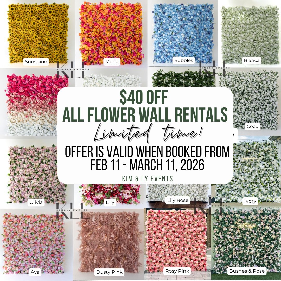 We&rsquo;ve just launched 10 brand new flower walls and are celebrating with a limited time promotion. Enjoy $40 off all flower wall rentals. Please note that pricing is before tax and processing fees, and delivery fees vary based on your event locat