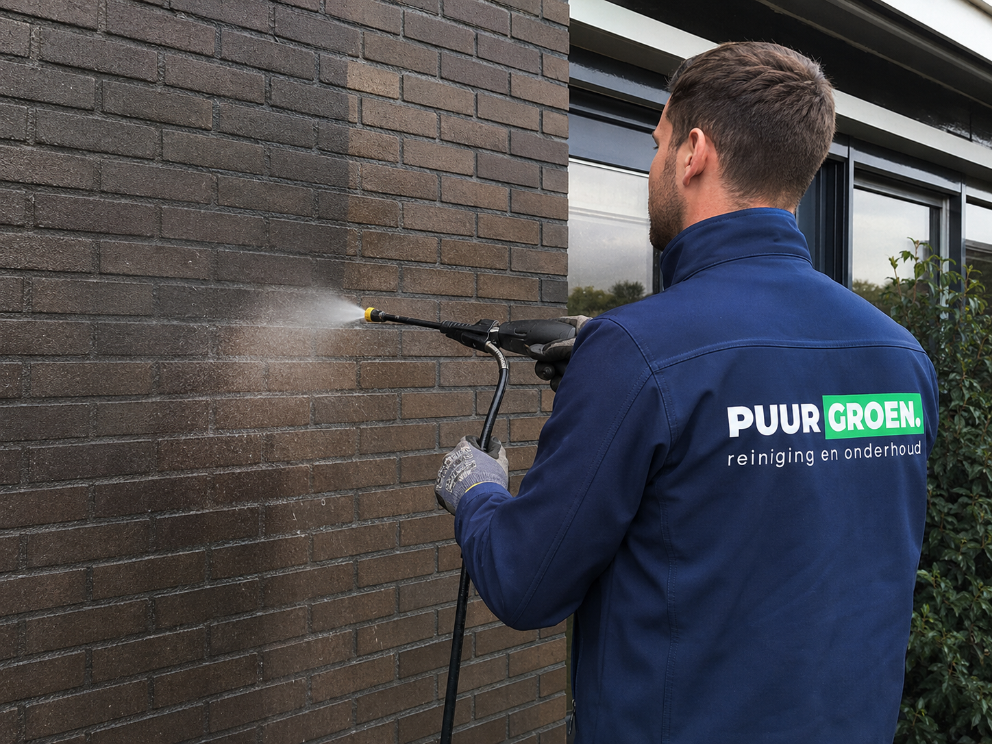 Man spuit een muur schoon met een hogedrukreiniger, gekleed in een blauwe jas met logo 'PUUR GROEN. reiniging en onderhoud'.