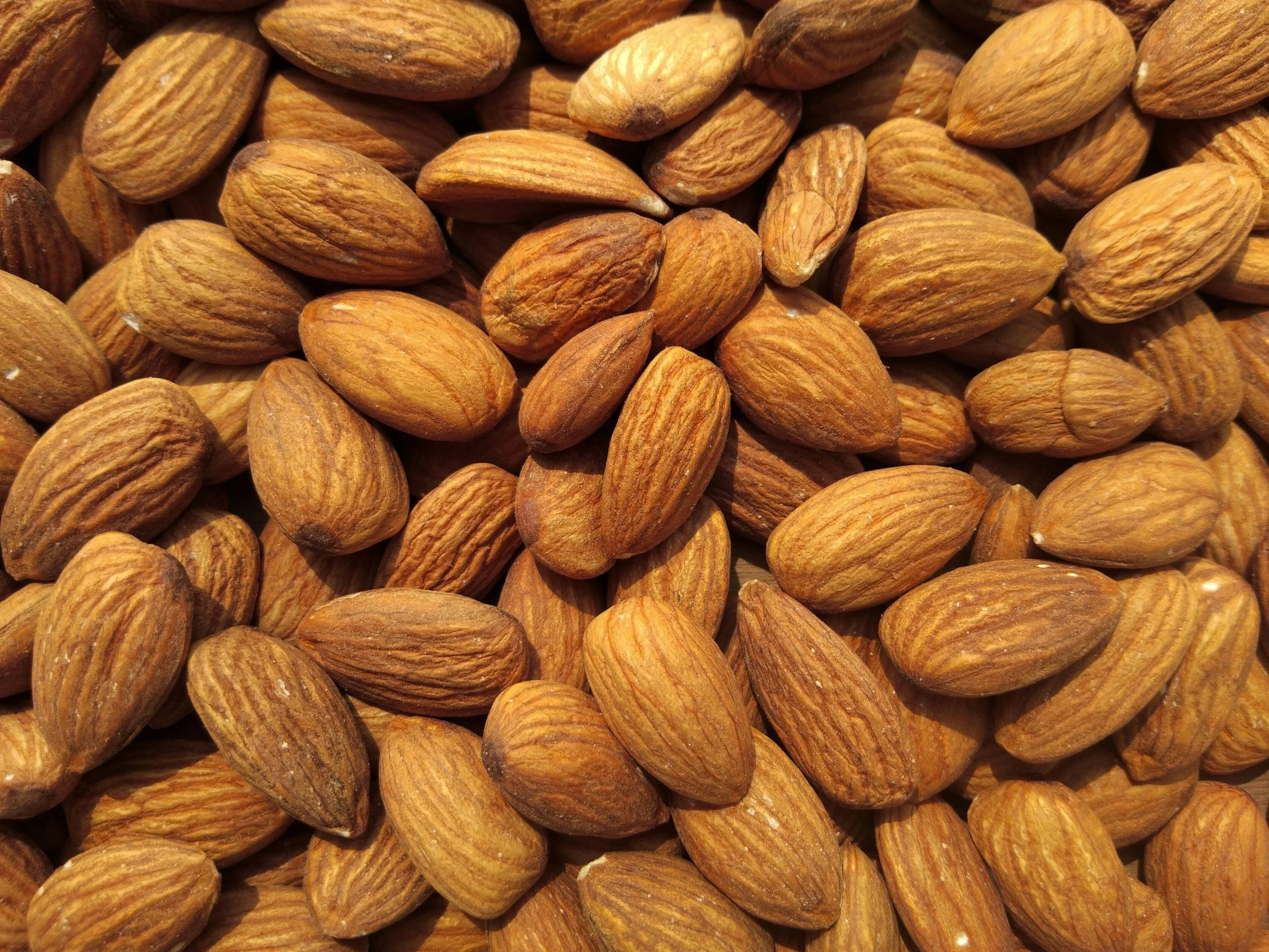 A pile of whole almonds with brown skins.