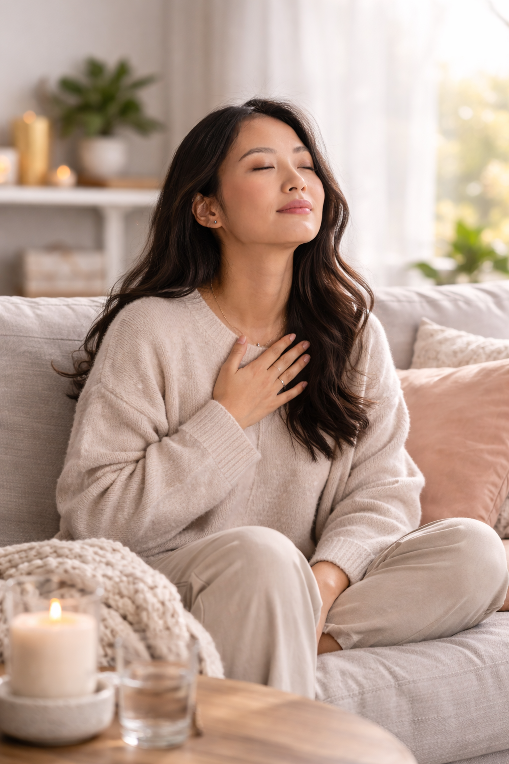 Asian woman mindfulness breathing exercise soft light home