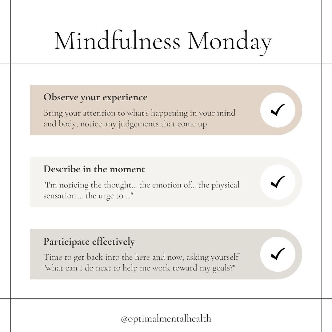 The start of a new week is often a great time to practice mindfulness skills to help center yourself for the week ahead. ☀️ 

 #mentalhealth #wellness #therapistsofinstagram #dbt #dbtskills #mentalhealthawareness #mindfulness #therapyworks #mondaymot