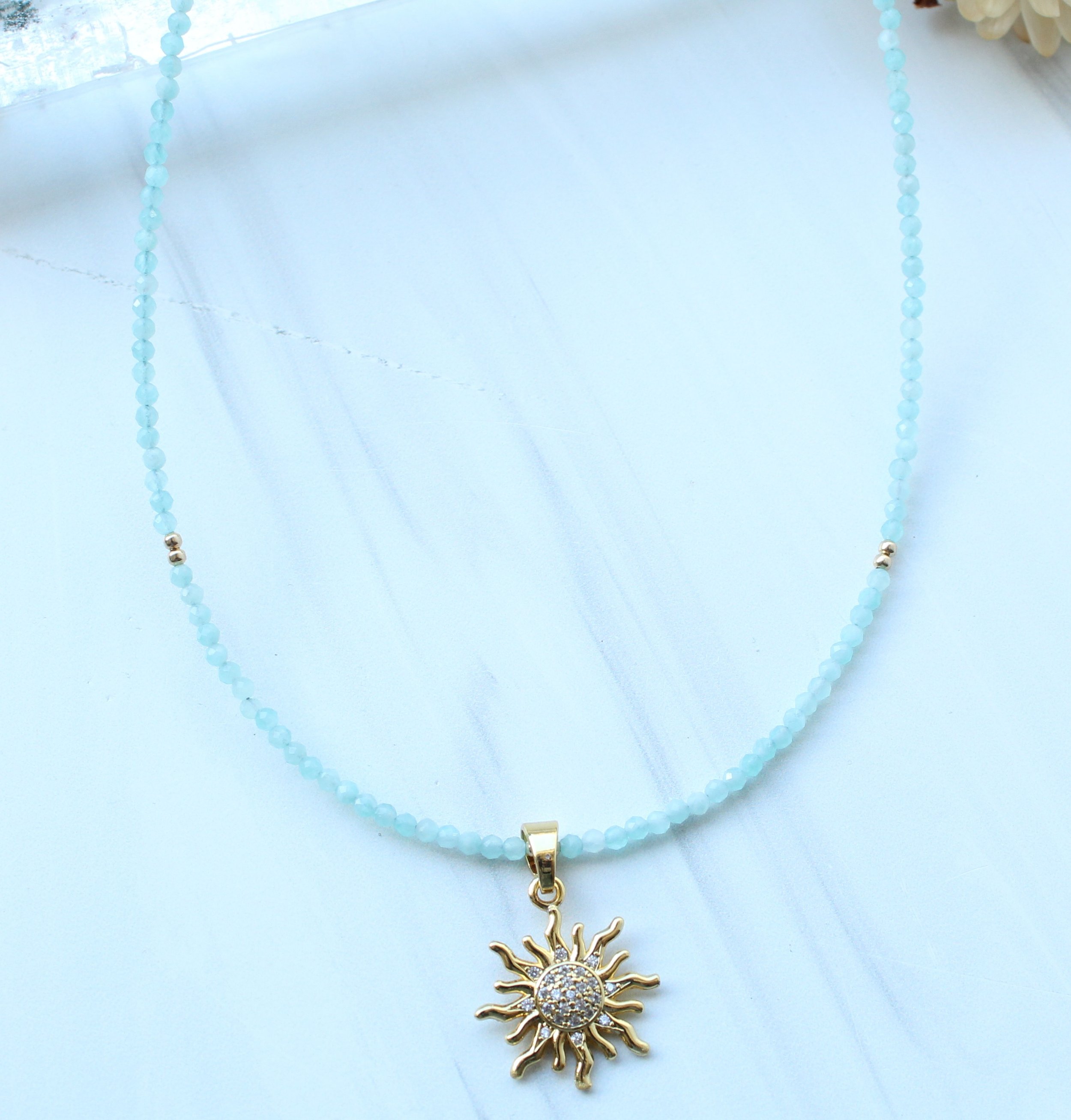 Amazonite beaded necklace with sun charm