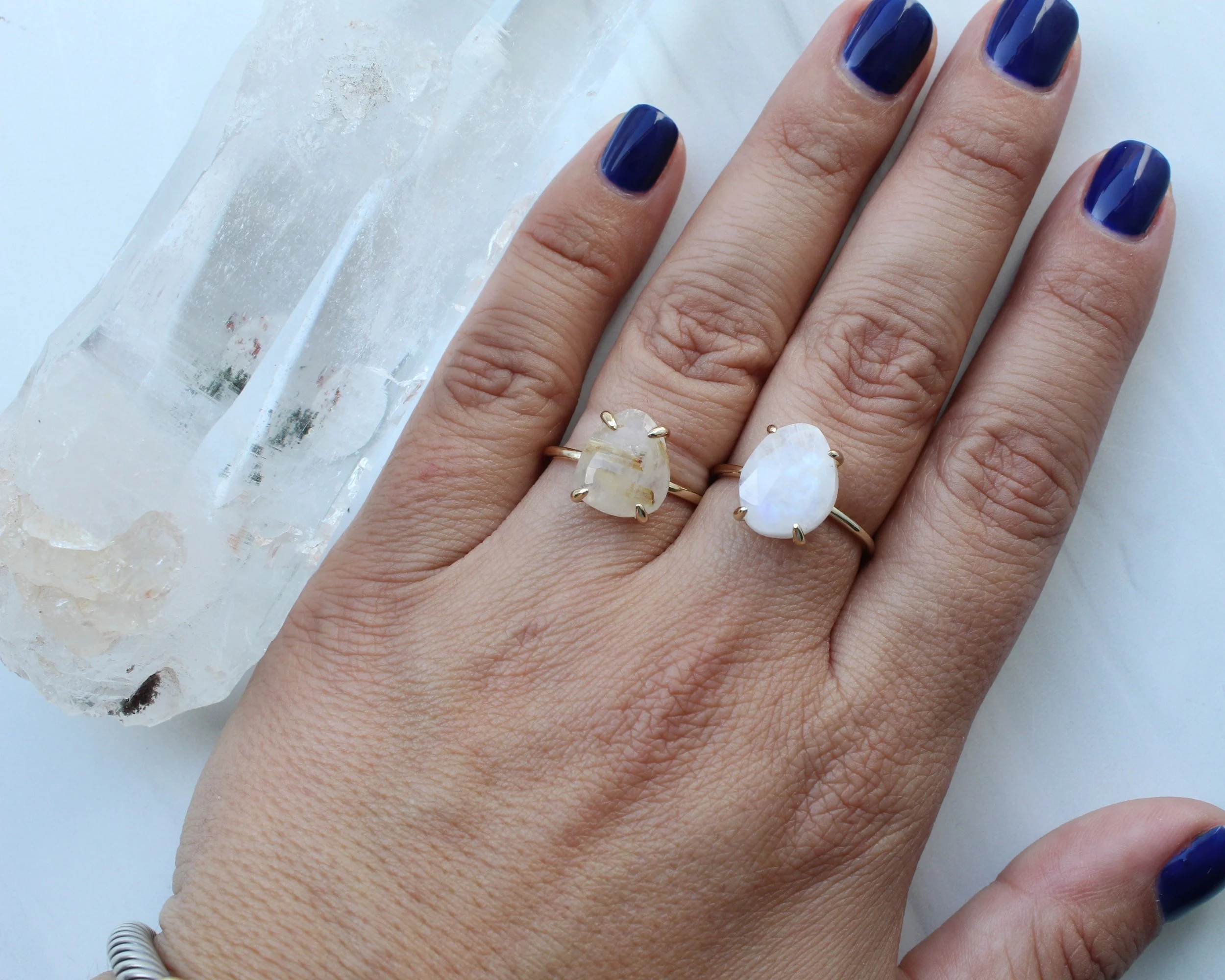 Moonstone or Rutilated Quartz ring