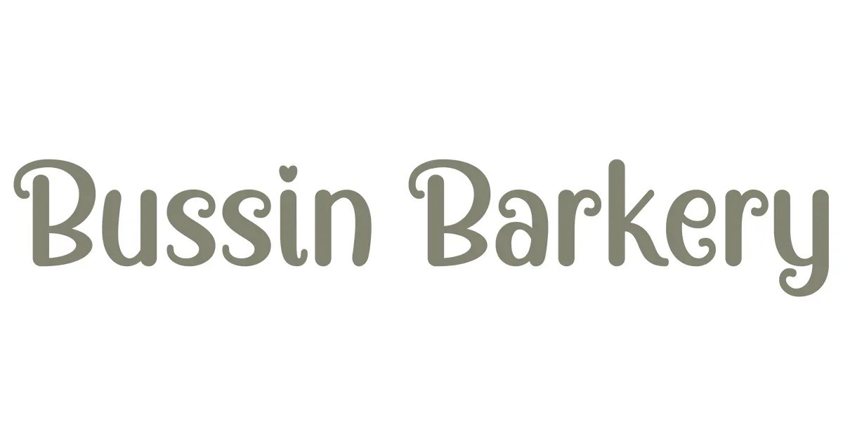 Text that says "Bussin Barkery" in a playful, rounded font with a small heart above the letter 'i' in "Bussin."