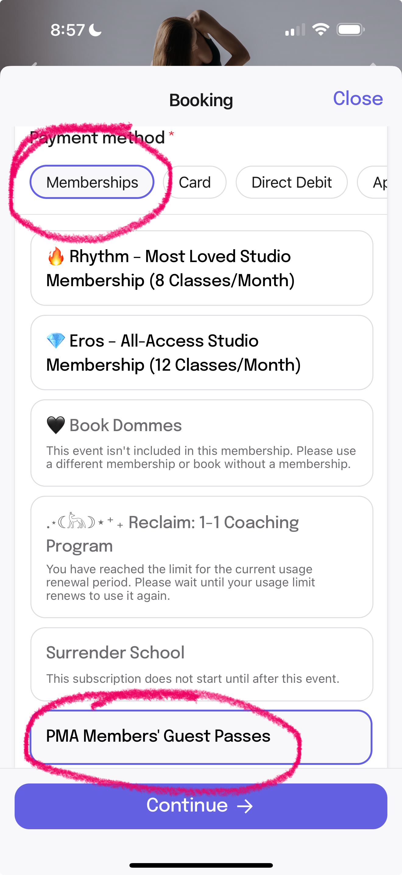 Select Guest Pass Membership inside Momence App