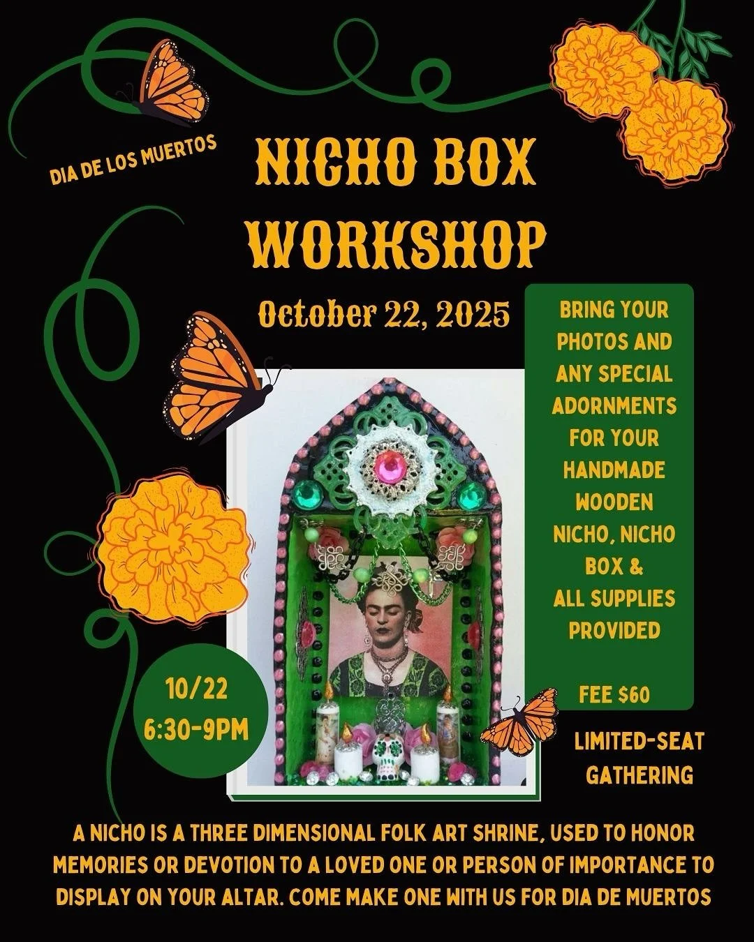 ✨ Join us for a special Day of the Dead Nicho Box Workshop ✨
We&rsquo;re opening our doors to a limited number of guests to create your own handcrafted wooden nicho box by artist Danny Meatball &mdash; a meaningful piece to honor loved ones and celeb