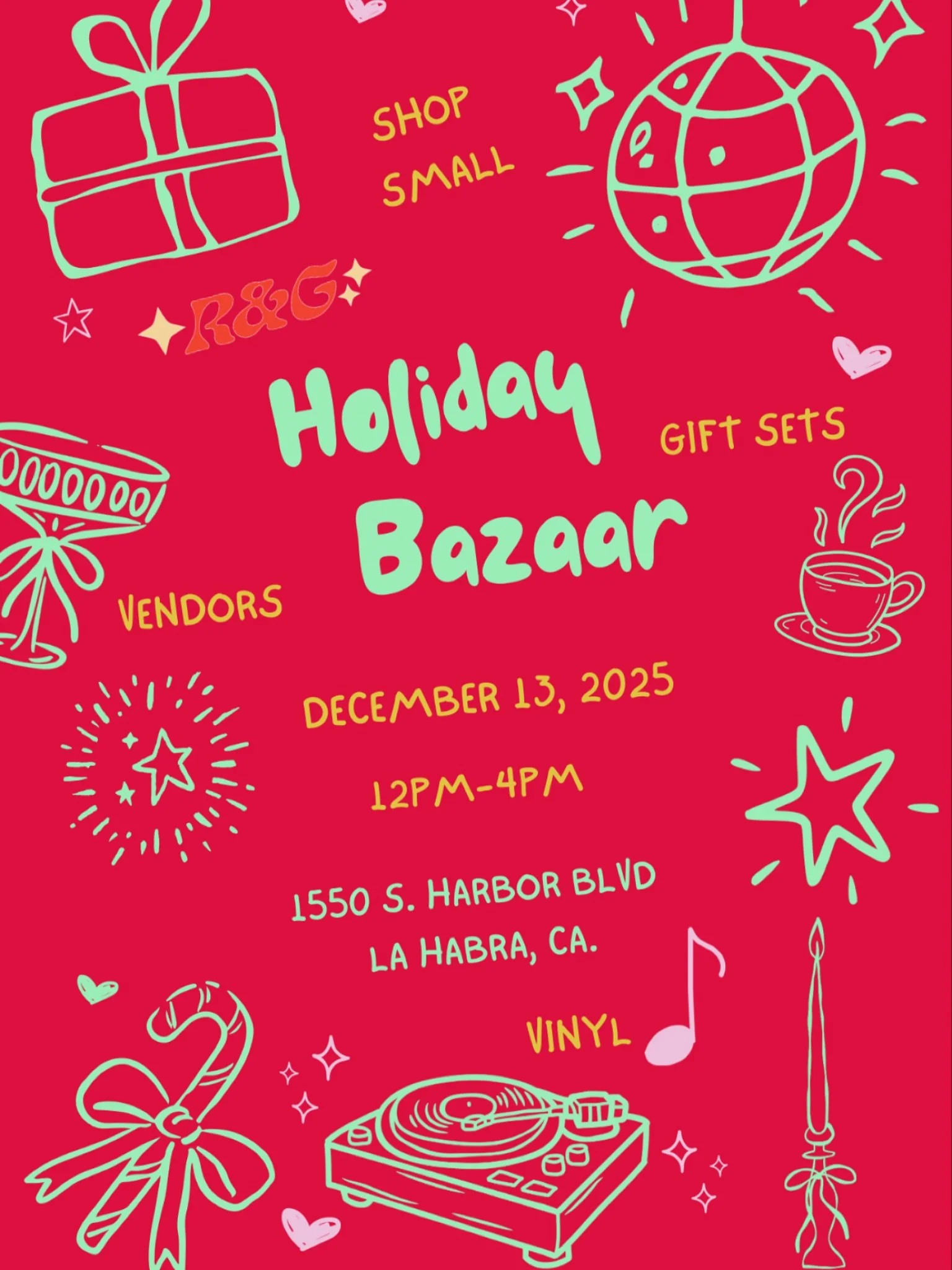 Save the Date!

Shop Small this Season!

Come shop local artists, enjoy handcrafted coffee and yummy sweet treats, reiki chair massage, vinyl sets, and in house deals for a Rewild &amp; Gather Holiday Bazaar! 

Vendor List to Follow! 

December 13, 2