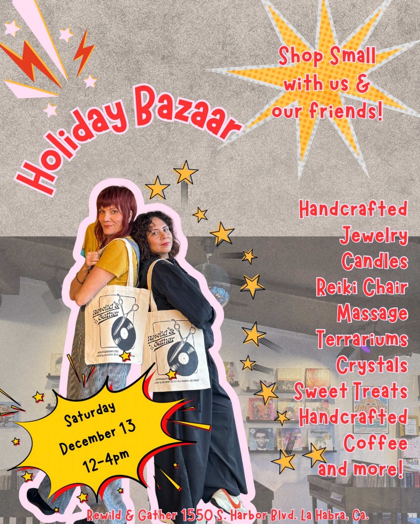 We hope to see your faces Saturday! 
Come out to set off the holiday season with us and some of our friends!

December 13, 2025
12-4pm 

As always, all vinyl sets, friends, family and the goods. 

All ages. Free event. 

Rewild &amp; Gather 
1550 S H