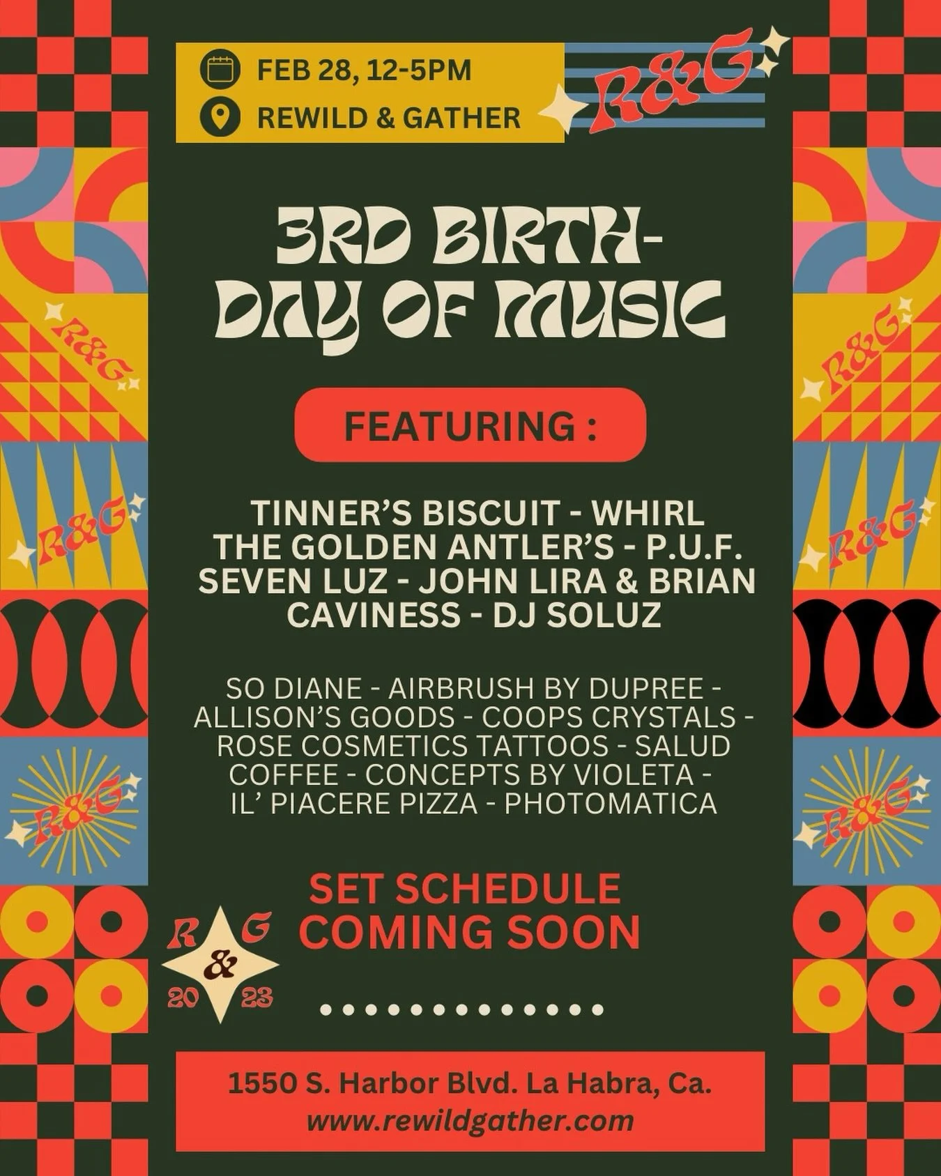 Rewild &amp; Gather&lsquo;s 3rd Birth-Day of Music Lineup is here! ✨🎶⚡️🔈

February 28, 2026
12pm

Come celebrate with us and our friends!

Musicians:
@pure.unadulterated.funk 
@goldenantlersband @whirrrrlofficial @sevenl.uz @thejonlira @brian_birds