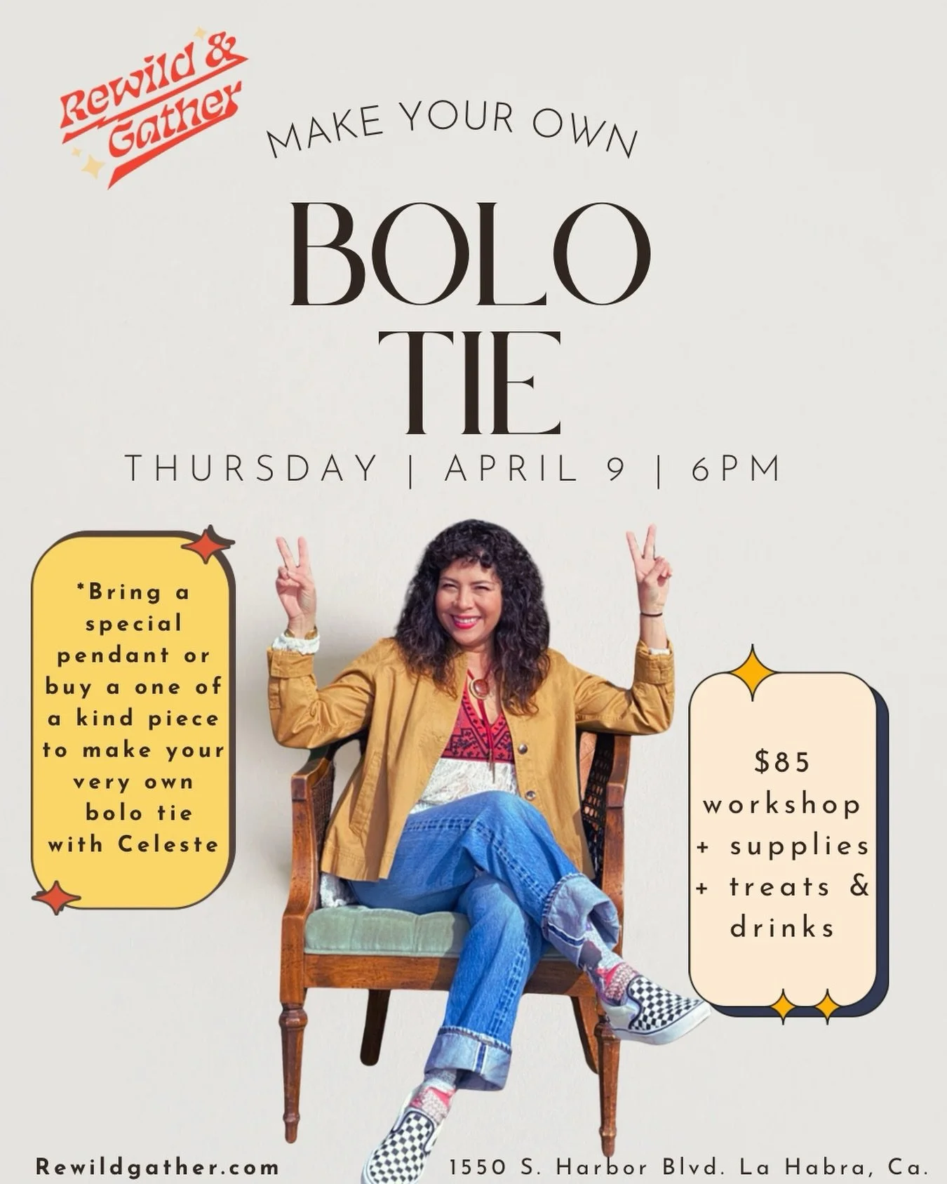 Come and Make Your Own Bolo Tie Workshop with Celeste.

*Bring a meaningful pendant or choose from unique pieces and craft something truly your own.

Good people, creative energy, treats, and drinks included.

Thursday, April 9
 6 PM

Rewild &amp; Ga